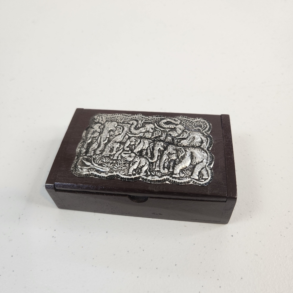 Vintage Elephant Silver Tone Wood Trinket Box Eclectic Boho Home Decor - Picture 2 of 7